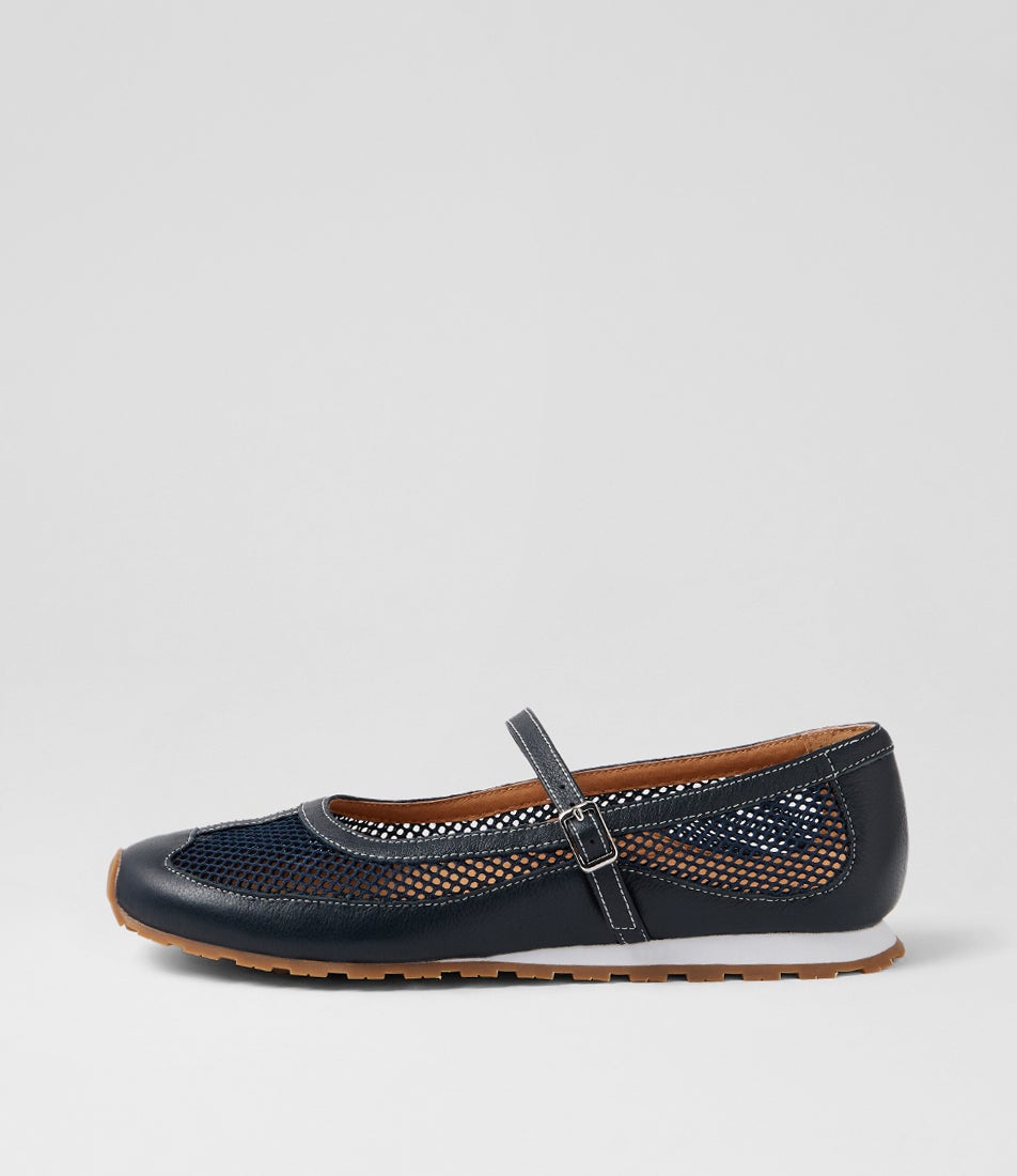 Avah Color Avah Navy Leather Mesh Flat Shoes