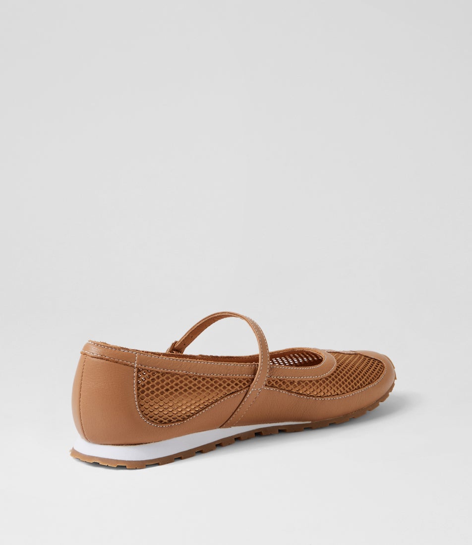 Avah Color Avah Dark Tan Leather Mesh Flat Shoes