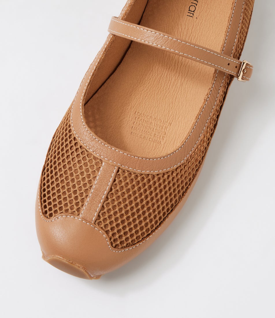 Avah Color Avah Dark Tan Leather Mesh Flat Shoes
