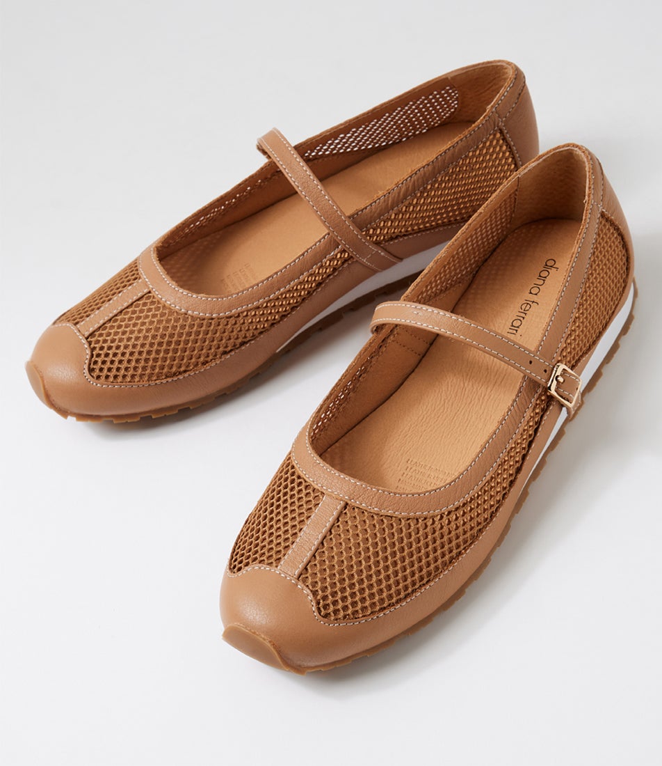 Avah Color Avah Dark Tan Leather Mesh Flat Shoes