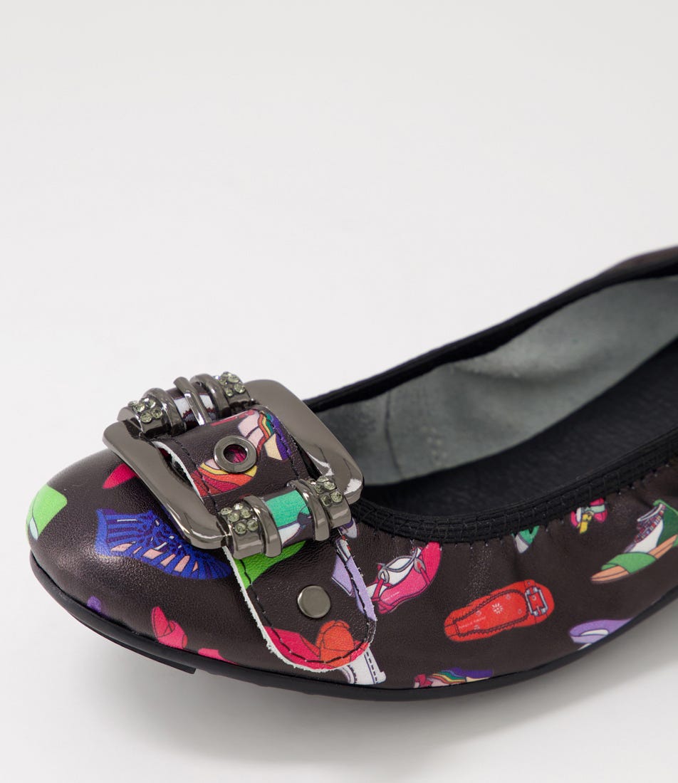 Bellez Black Shoe Print Leather Ballet Flats