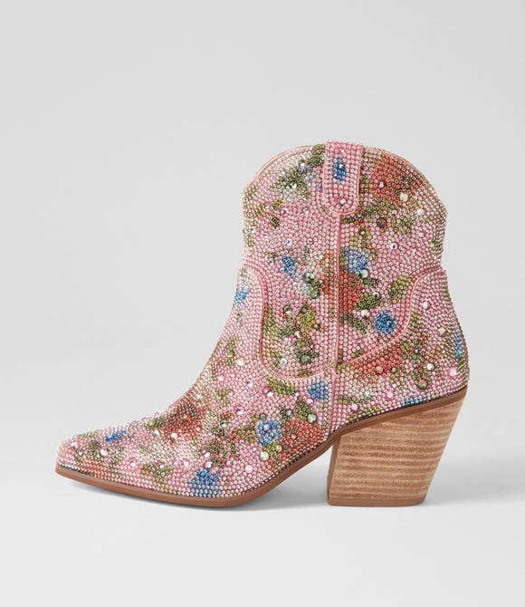 Wagon Pink Multi Jewel Fabric Ankle Boots
