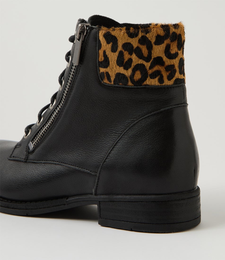 Boot Cologe College Black Light Tan Leopard Leather Multi Lace Up Boots