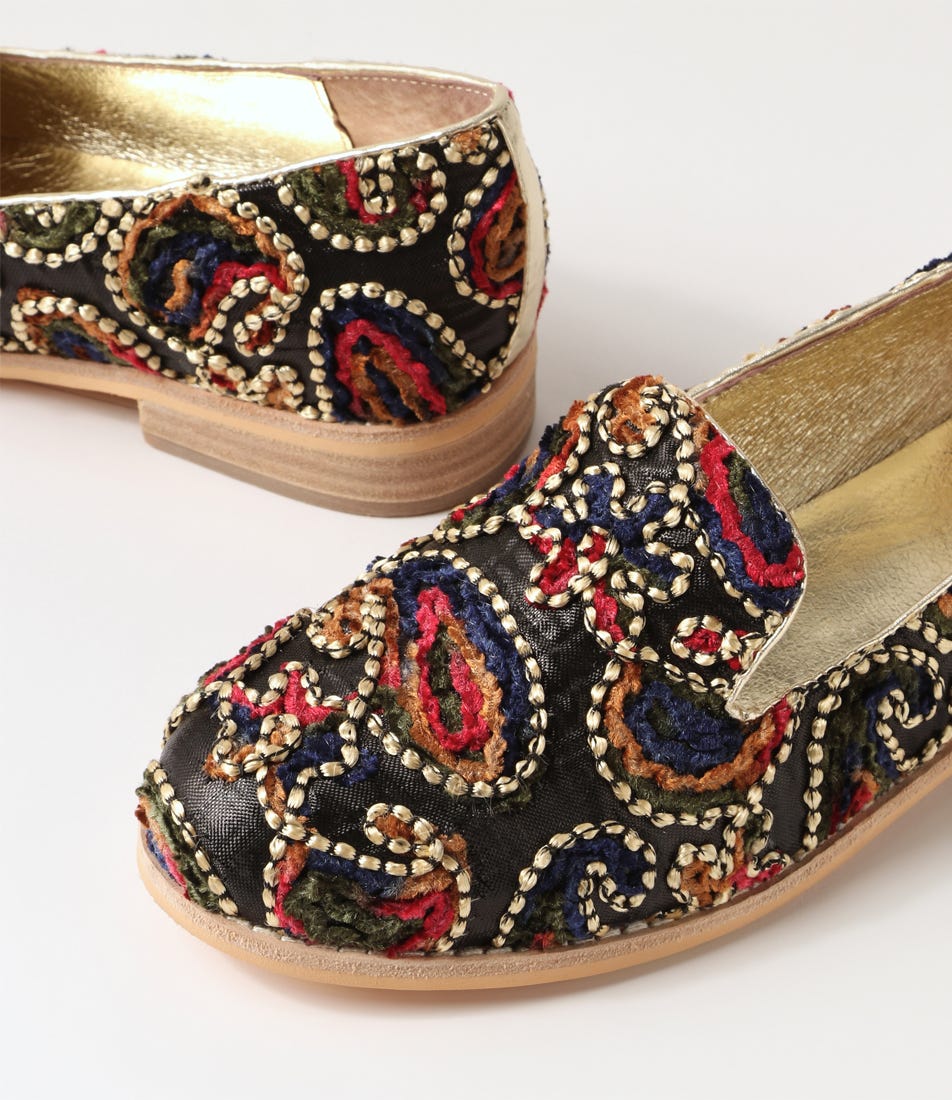 Absy Gold Boho Fabric Leather Flat Shoes