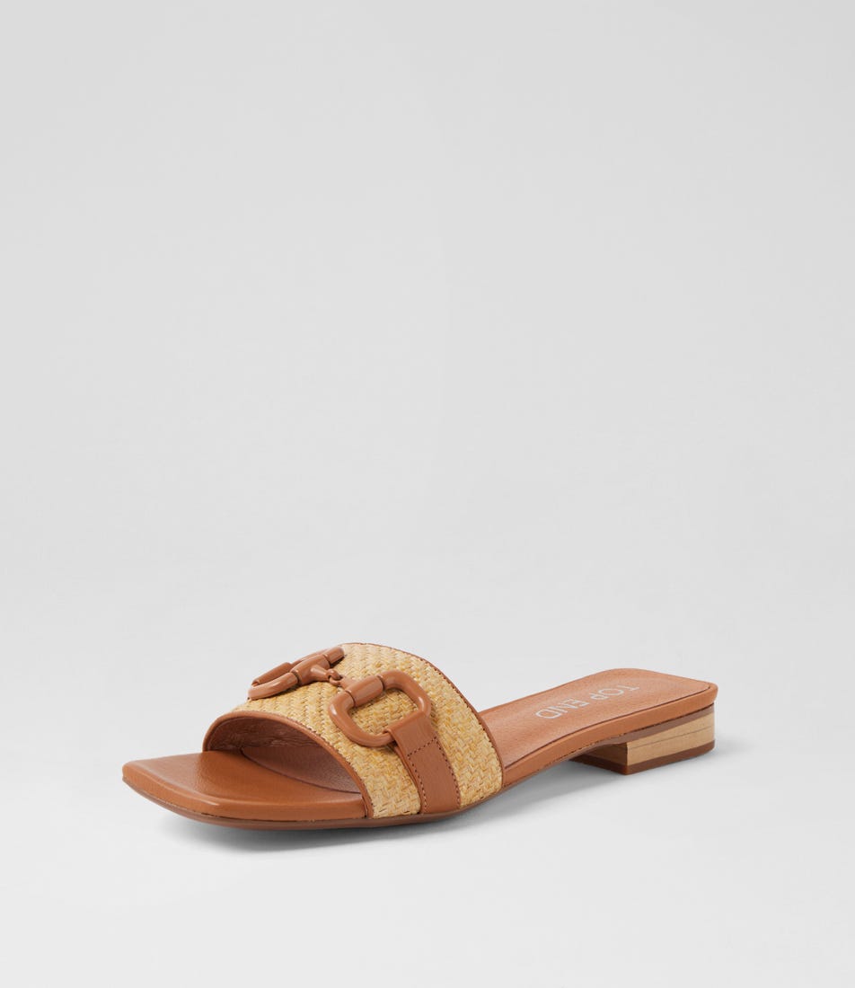 Kuzil Dark Tan Natural Synthetic Raffia Leather Slides