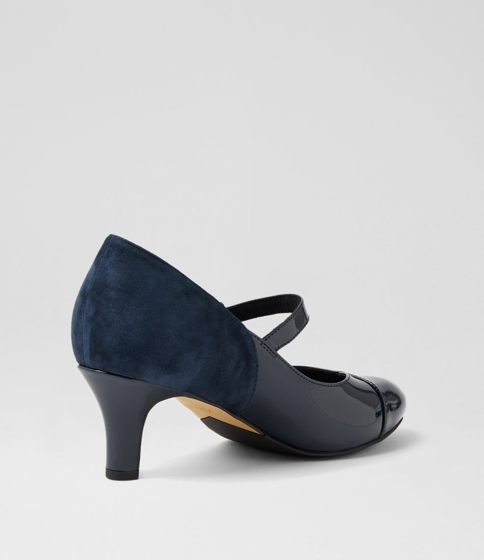 Trell Colors Trell Xw Navy Patent Suede Mary Jane Heels | Shop Online at Mathers
